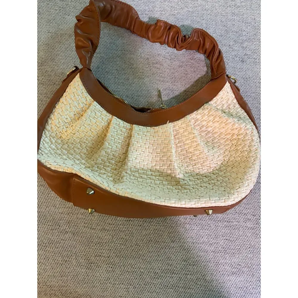 Valentino Fiore woven straw & cognac leather hobo bag